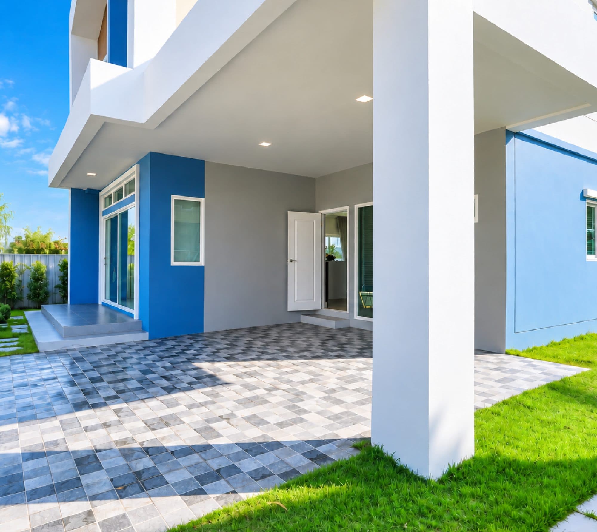 Covered parking at the front of the house, on a checked tile drive.