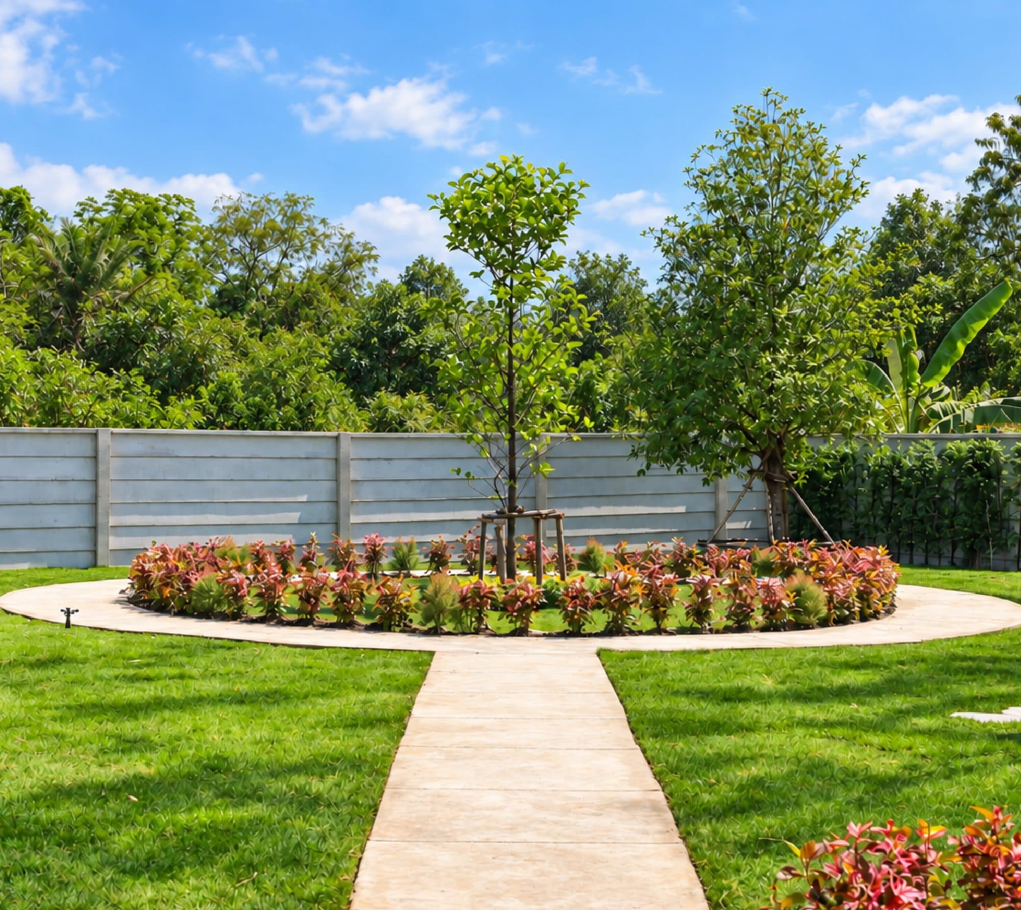 A circular flower bed and a path across the lawn.