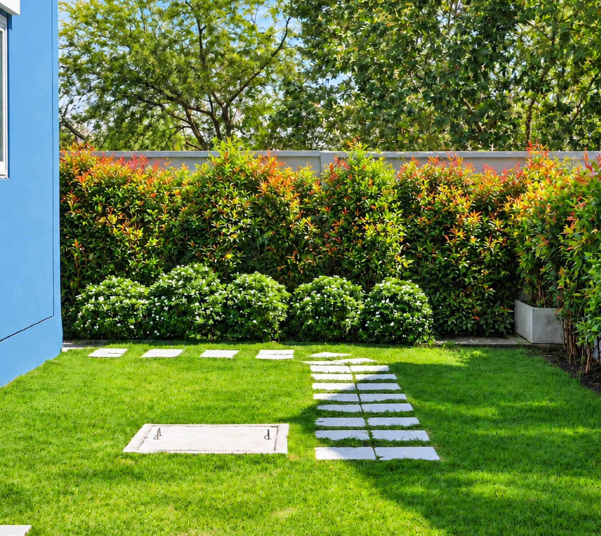 Side garden with a lawn and stepping stones.