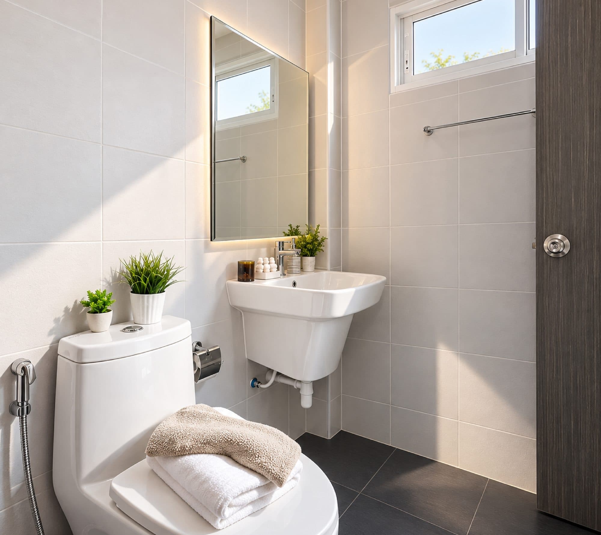 Bathroom in pale tile with a window and a lit mirror.