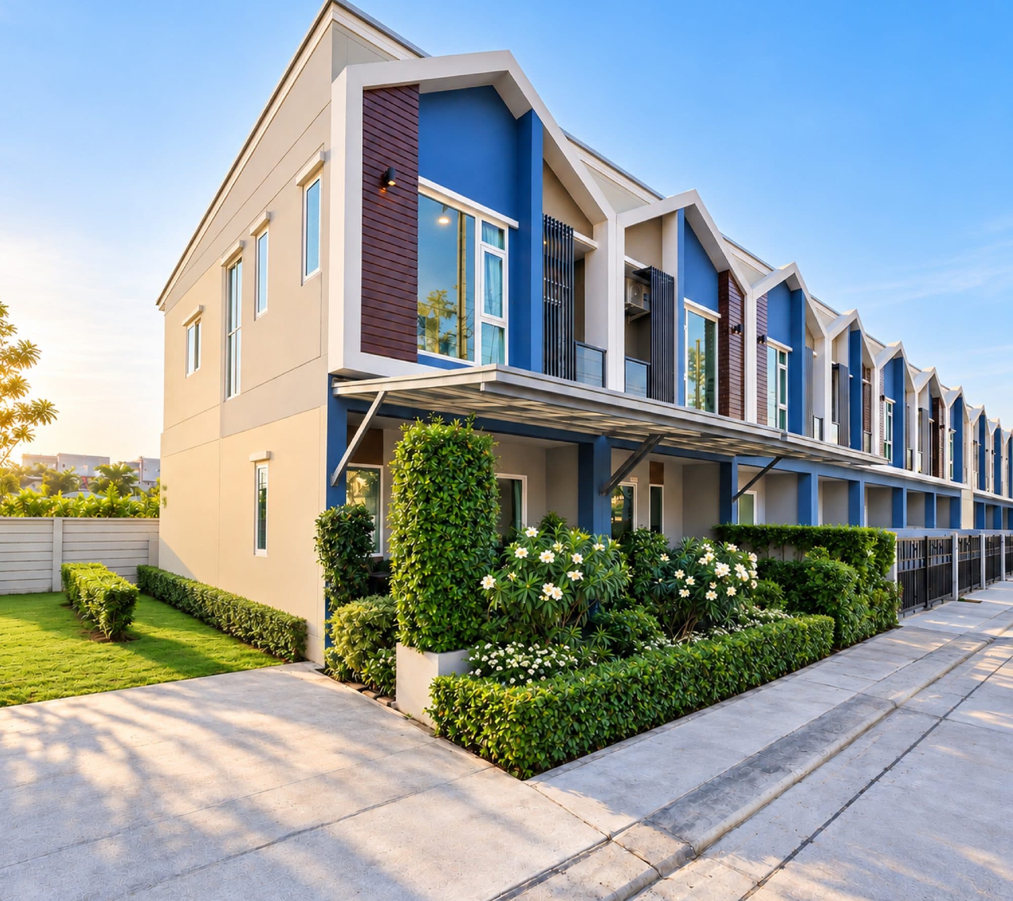 The row of two-storey Nordic townhomes, white gables and blue walls in late sun.